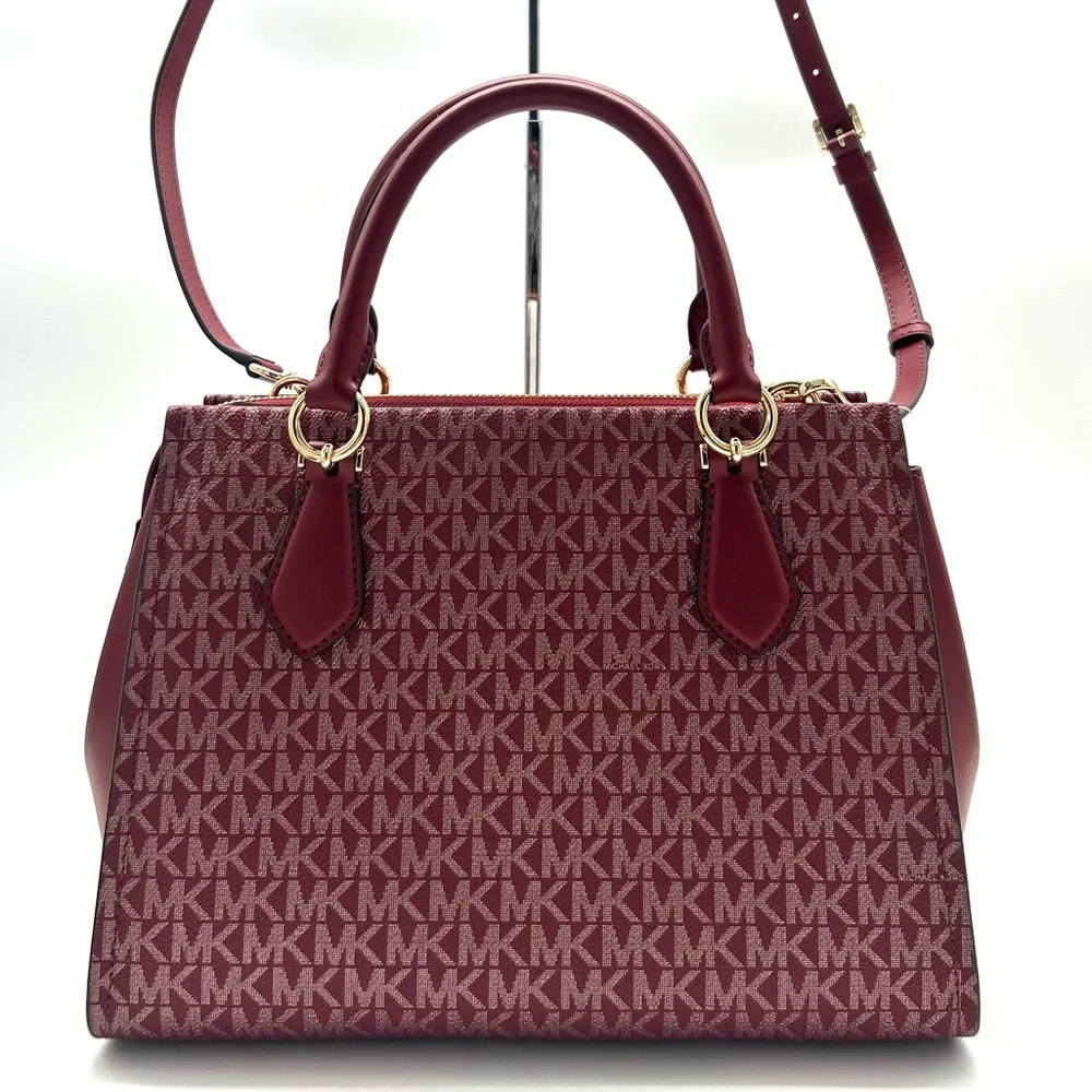 Michael Kors Marilyn Medium Signature Logo Stripe Satchel Bag Cherry